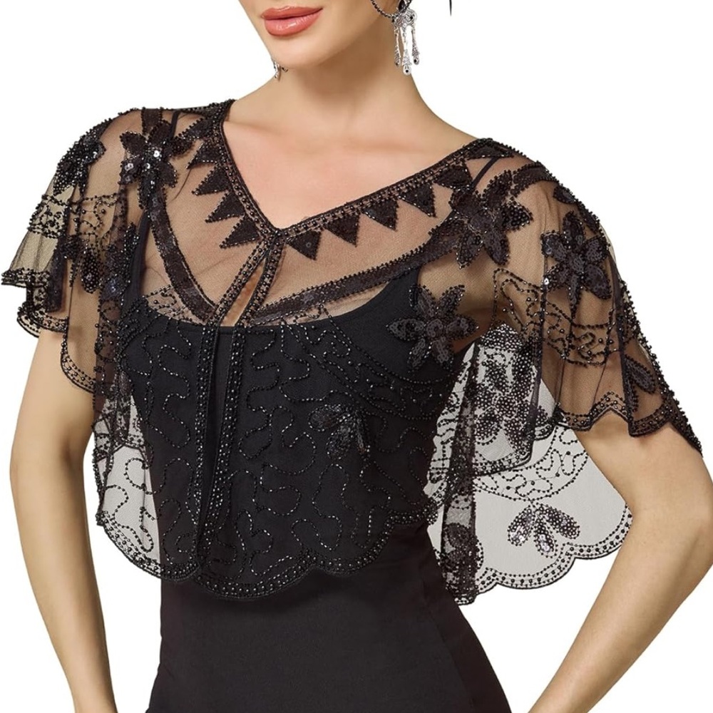 Beaded Mesh Capelet Wrap - Black